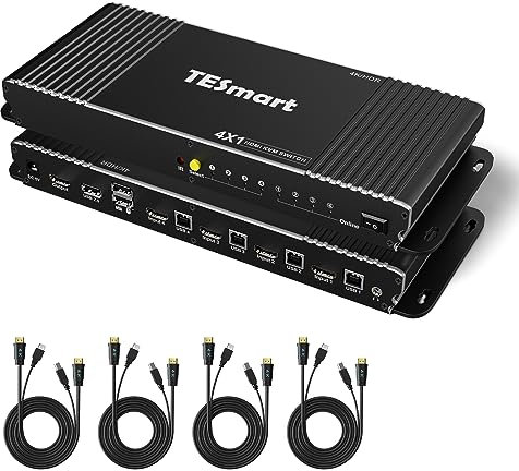 KVM HDMI de 4 Puertos TESmart 4K 60Hz Versión mejorada KVM Conmutadora 4 en 1 fuera Ultra HD Con puerto USB 2.0 y Audio L/R 18Gbps HDCP 2.2 HDR10 Dolby Vision Conecta 4 Ordenador a 1 Monitor/TV-Negro