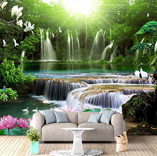 Poster Geant Mural Vert Forêt Cascade Paysage 150X100Cm Poster Geant Photo Mural Intissé Autocollant Tableaux Muraux Salon Chambre Décoration