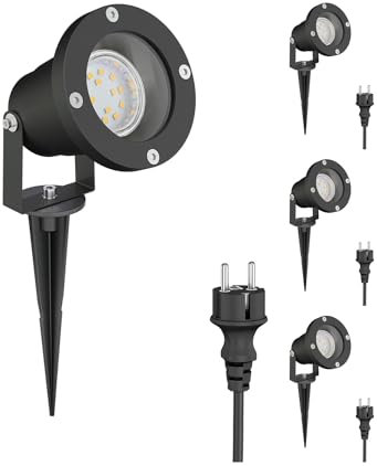 ledscom.de 4 Stück LED Gartenstrahler DUK schwarz mit Erdspieß für außen, Aluminium, inkl. LED GU10 Lampe (warmweiß, 2,339W, 227lm, 110°)