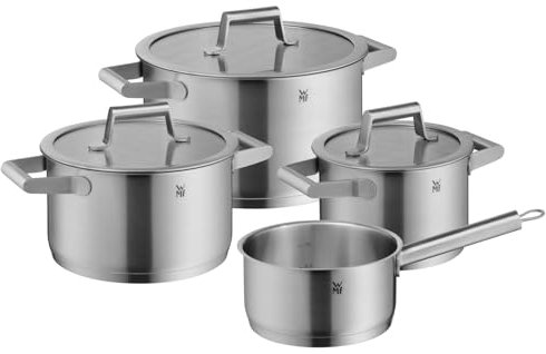 WMF Comfort Line Topfset Induktion 4-teilig, Induktions Töpfe Set, Kochtopf Set mit Glasdeckel, Cromargan Edelstahl mattiert, Skalierung, Töpfe Set stapelbar, unbeschichtet