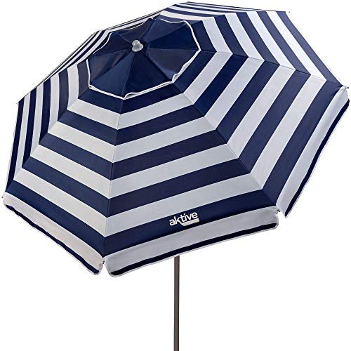 Aktive 62224 - Sombrilla de playa grande, Ø200 cm, Con techo de ventilación, protección UV 50, diseño a rayas marineras, mástil 28-32 mm, mástil flexible, incluye bolsa de transporte, Aktive Beach