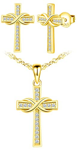 Yumilok Damen Kreuz Halskette 925 Sterlingsilber und Unendlichkeit Kette Damen Ohrstecker Ohrringe Anhänger Schmuck Set für Frauen Mädchen Gold
