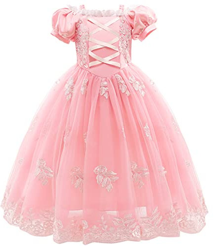 Robe Cendrillon, Raiponce pour petite fille - robe longue en dentelle et tulle à épaules dénudées pour anniversaire, carnaval, Noël, Halloween, mariage - rose clair (6 à 7 ans)