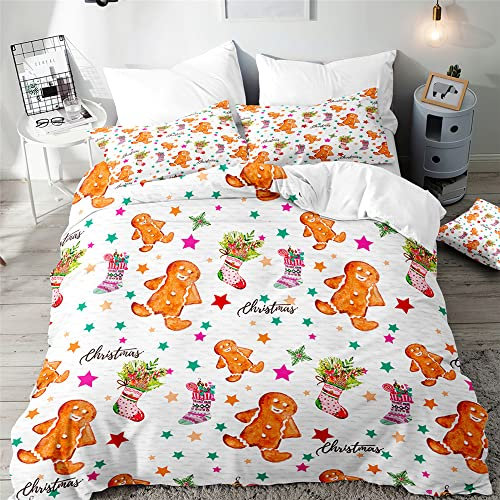 Surwin Weihnachtsbettwäsche-Set 3 Teilig, Microfaser Bettwäsche Set Einzelbett Doppelbett 3D Weihnachten Drucken Bettbezug mit Reißverschluss und 2 Kissenbezüge (Lebkuchen,135x200cm)