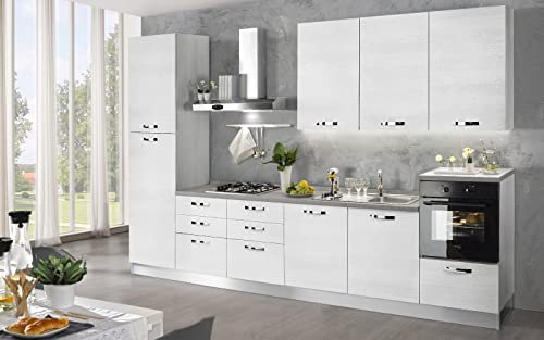 Cucina completa di elettrodomestici (forno, lavandino, cappa cottura) design lineare - effetto bianco larice- Dimensioni: cm. 360 x 60 x 240- forno a destra