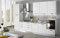 Küche komplett mit Haushaltsgeräten (Backofen, Spüle, Dunstabzugshaube) lineares Design – weiße Lärchenoptik – Maße: 360 x 60 x 240 cm – Ofen rechts