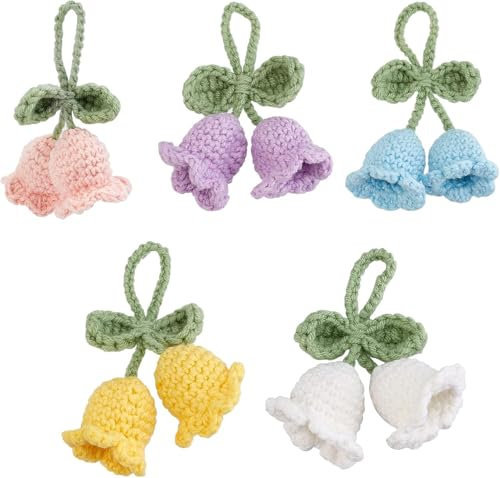 FINGERINSPIRE 5 Stück gehäkelte Glockenblumen Anhänger 5 Farben Handgestrickte spanische Glockenblumen-Anhänger gehäkelte Glockenblumen-künstliche Blumen Schlüssel Anhänger Baumwollstrick hängendes
