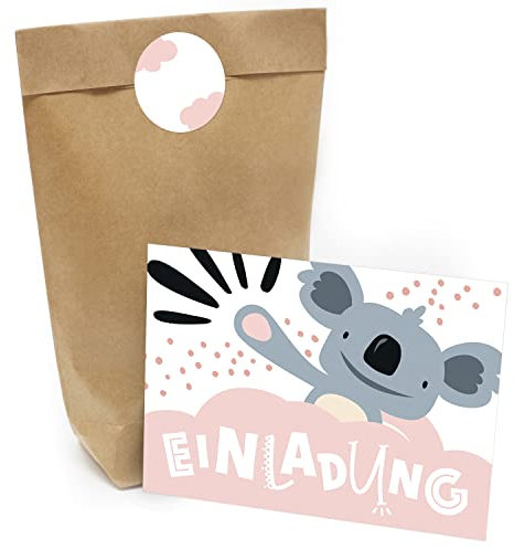 Kindergeburtstag Einladung Set mit je 8 Einladungskarten, Umschlägen, Tüten und Aufkleber - Koala abstrakt