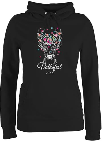 Pullover Damen Hoodie Frauen - Kompatibel Oktoberfest - Volksfest Hirsch Geweih - XXL - Schwarz - bayrischer trachten blumen hoody trachten- kapuze bayrisch bayrisches bayrische bayern bavarian