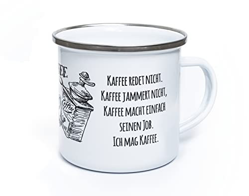 TypeStoff Emaille-Tasse mit Spruch - Kaffee redet nicht - im Vintage-Look mit Zitat als Geschenk und Dekoration zum Thema Kaffee und Tee - TS-01299