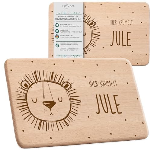 KIDSMOOD - Kinder Brettchen, mit Löwen Design und Wunschnamen | Schneidebrett holz als personalisierte Geschenke zur Geburt, Taufe, Geburtstag und Baby Geschenk für Mädchen und jungen