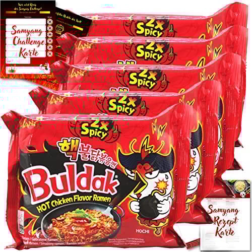 asiafoodland - Samyang Buldak Ramen Set - 2 x Spicy - Doppelt scharfe Feuerhuhn Nudeln aus Südkorea - mit Challenge- u. Rezeptkarte, 5er Pack (5 x 140g)