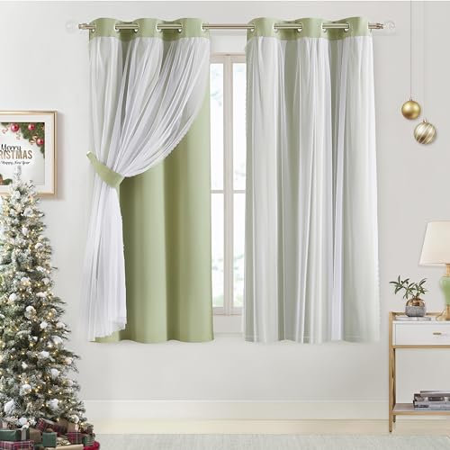 Bujasso Verdunkelungsvorhänge mit durchscheinender Overlay, 90 % Salbeigrün, doppellagig, wärmeisoliert, Fensterpaneele, 160 cm, Wohnzimmer, Schlafzimmer, Ösenoben, 94 cm Bx160 cm Lx2 cm