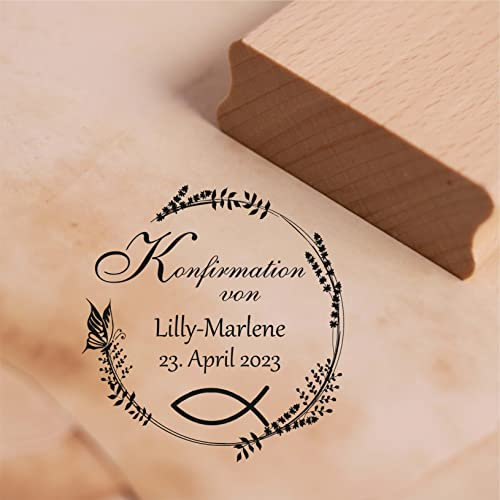 Stempel Konfirmation von - mit Name und Datum - Motiv Christenfisch Schmetterling Vintage Kranz Motivstempel Holzstempel 38 x 38 mm