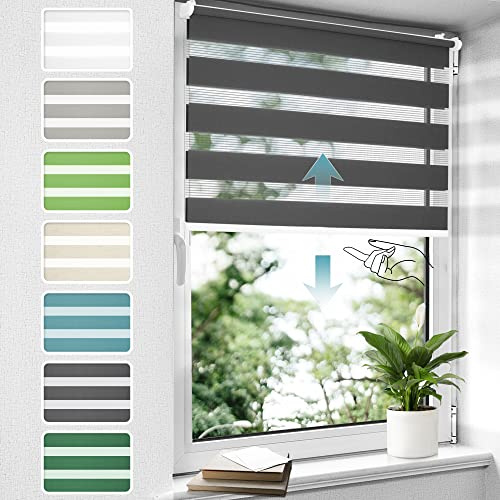 Doppelrollo schnurlos Klemmfix ohne Bohren Duo Rollos für Fenster & Tür, 55x150cm (BxH) Anthrazit, Drücken Und Ziehen Springrollos Klemmrollo ohne Schnur lichtdurchlässig & Blickdicht