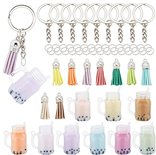 OLYCRAFT 57pcs Mini Milk Cup Keychain Kit Bubble Tea Keychain Accessories Set Bubble Tea Keychain Kit Mini Cup Pendant Charms with Keychain Rings Tassel Pendant for Key Chain DIY Earring Making