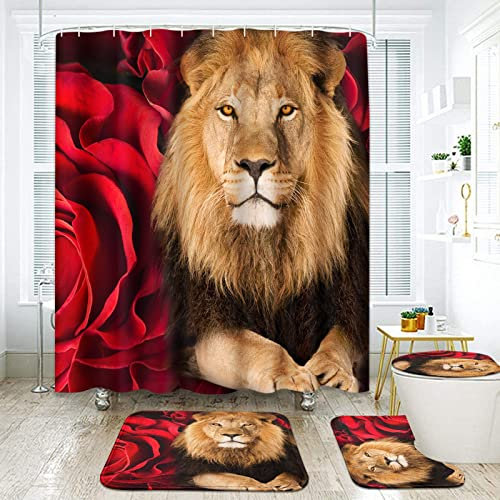 Badezimmer-Set mit rotem Rosenmotiv, Duschvorhang und Teppichen und Zubehör, Löwen-Duschvorhang-Sets, rote Duschvorhänge für Badezimmer, Löwen-Badezimmer-Dekor, 4-teilig