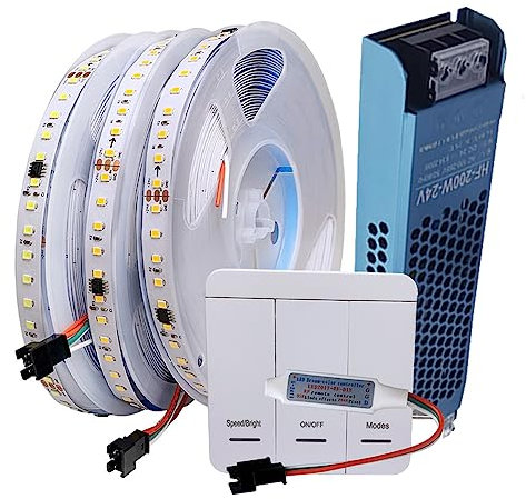 Vrabocry DC24V WS2811 Bande de course de chevaux 2835 120 LED/m 10 m par rouleau Lumière courante 3000 K 4000 K 6000 K Contrôleur sans fil DC24 V 200 W Blanc 4000 K