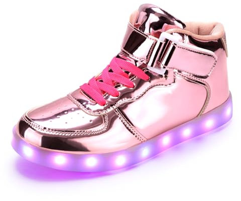 PADGENE Scarpe Bambini Ragazzo Ragazza Basket LED Luminoso 7 Colori Lampeggianti USB Ricaricabile Sicurezza Moda Top Size, rosa brillante, 35 EU