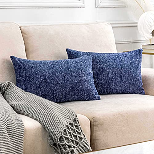 Home Brilliant Navy Blue Rectangle Cushion Covers for Sofa Bed Couch Soft Decorative Chenille Cushion Set of 2 Oblong 12x20 Cushion Cover Dark Blue, 30x50 cm