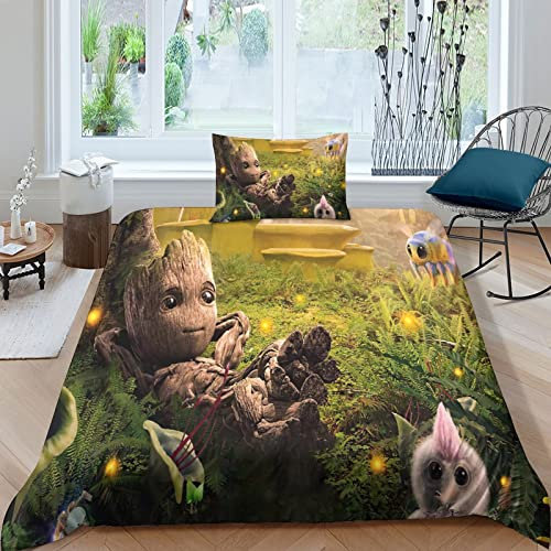 Tree Spirit Groot Duvet Cover Set 3D Bounty Hunter Bed Linen Bedding Set Decorative Microfiber Comforter Cover with Pillow Shams, Zipper, Soft Lightweight for Kids Teens Adults Single(135x200cm)