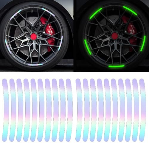 Ezweiji 20pcs Reflektierende Felgenstreifen Aufkleber für Auto Motorrad Räder Fahrrad, Nacht Sicherheit Dekoration Streifen Universal Anti-Scratch Reflektierende Felgen Aufkleber (Regenbogen)