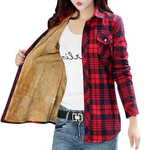 TDEOK Veste à Carreaux Doublée Pour Femme - Grandes Tailles - Polaire à Manches Longues - Chaude D'hiver - Blouse Doublée - Chemisier