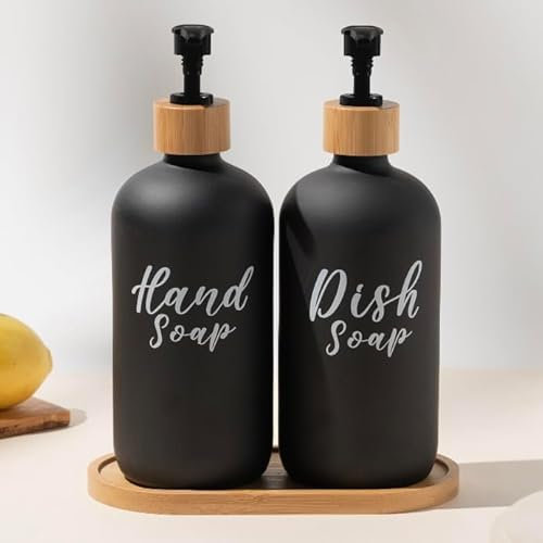 Set mit 2 nachfüllbaren Glasflaschen für Seifenflüssigkeit und Geschirrspüler mit Ablage. Seifenspender für Küche und Dusche, 500 ml.
