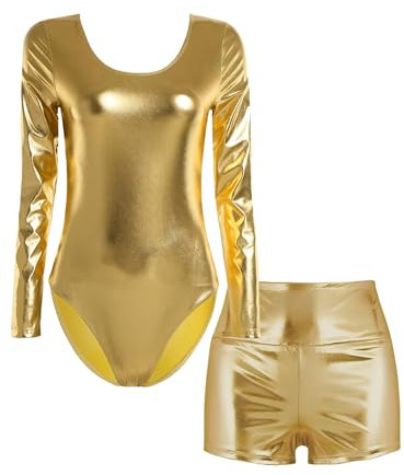 TiaoBug Damen Glänzend Ballettanzug Langarm Ballett Trikot Tanz Body Metallic Turnanzug Gymnastikanzug Dancewear Gold mit Shorts XXL