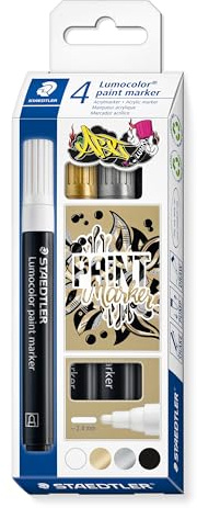 STAEDTLER Lumocolor 349 ART Acryl-Marker – 4er Set, 2,4 mm | Rundspitze, wasserfeste Acryltinte – für Papier, Glas, Holz & Metall – Art.-Nr. 349 C4