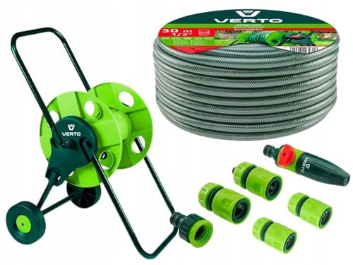 VERTO Schlauchwagen mit Schlauch 1/2 Zoll 30 m + Wasserspritze + 3 x Schlauchverbinder, Wasserstop, Hahnverbinder - Gartenbewässerung Komplettes Starterset | Gartenschlauch UV-beständig max 20 bar