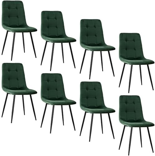 JIJIAN Esszimmerstühle 8er Set, Küchenstühle mit Samt, Dunkelgrün | Stühle Esszimmer mit Schwarzen Metallbeinen, Bis 120 kg Belastbar, Moderne Polsterstühle für Esszimmer Wohnzimmer Küche