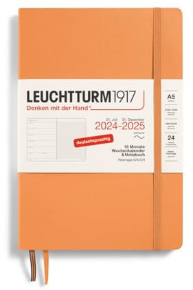 LEUCHTTURM1917 370622 Wochenkalender & Notizbuch Softcover Medium (A5) 2025, 18 Monate, Apricot, Deutsch