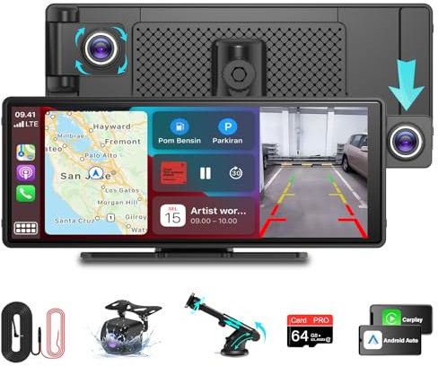 Vtopek Wireless Apple Carplay Android Auto Display 10,26 Zoll Carplay Display mit 2,5K Dashcam 1080P Rückfahrkamera Tragbares Driveplay Carplay mit Dual-Bluetooth 5.0/Mirror Link/Siri&Google 64G-Karte