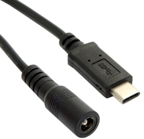 CABLEPELADO Cable USB C 3.1 a DC 5.5 2.1 mm Hembra, Adaptador USB C a DC, Cable de Carga USB C a DC, Convertidor USB C a Conector DC, CC 14.5 W/2 A o 5 V/2.5 A, Longitud 20 cm, Negro
