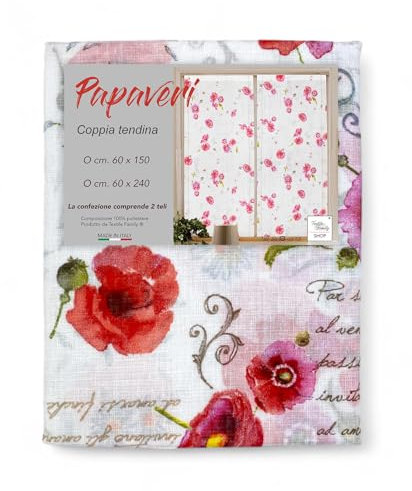 Tex family Coppia TENDINA a vetro PAPAVERI larga cm. 60 da Finestra e da Porta - COPPIA (2 TELI) CM. 60X240
