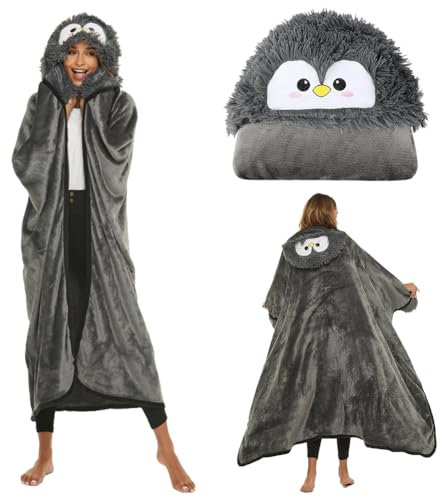 Hoodie Decke für Frauen 152x126cm, Superweiche Sofadecke Flauschig Cartoon Kuscheldecke mit Ärmeln, Niedliches Wohndecke Geschenk für Frauen Kinder, Grau