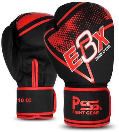 PSS Boxhandschuhe E3X Kinder Teenager 3 bis 14 Jahre Jungen Mädchen Handschuhe 4oz 6oz 8oz 10oz Leder Muay Thai Kickboxen Englisches Französisches Boxen, Ref 1028, Rot 6 Oz
