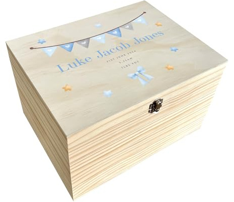 Baby-Erinnerungsbox mit blauer Girlande, personalisierbar, Geschenkbox für Neugeborene, personalisierter Name und Datum, Kiefernbox mit Metallscharnieren und Verschluss, 30 x 22,9 x 18 cm (B x T x H)