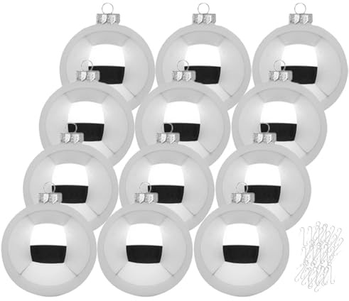 Inge Glas große Weihnachtskugeln mit Haken | Christbaumkugeln aus Glas | Set 12 Kugeln 8cm groß und 40 Aufhänger | Christbaumschmuck Weihnachtsbaumkugeln (Shiny Silver)