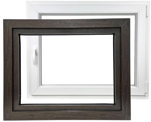 ALUCON Kellerfenster 800x500 mm – Fenster 80x50 cm – Kunststofffenster Innen Weiß/Außen Dunkle Eiche – Flügelfenster DIN Rechts