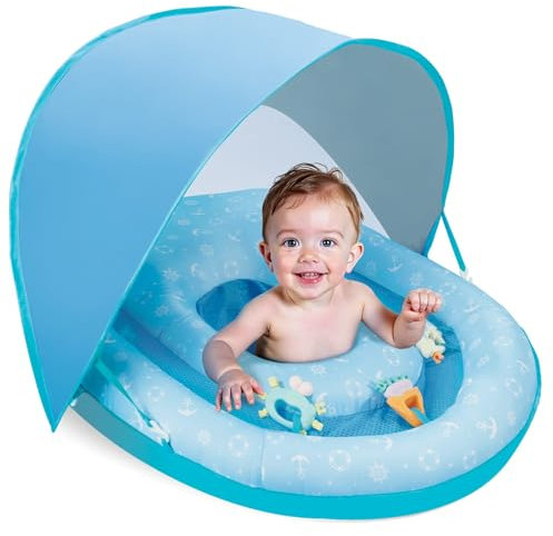 WERNNSAI Flotador de Piscina para Bebé con Toldo Plegable y Protección UPF Flotador Inflable para Natación para Bebé con Juguetes de Animales Marinos Accesorios de Piscina para Niños de 6 a 36 Meses