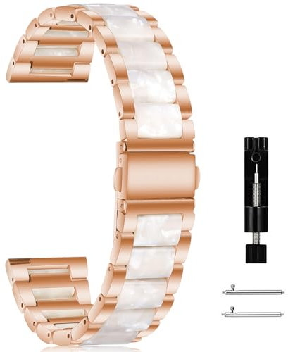 CeiBand Dame Métal Bracelet pour 22mm 20mm, Bracelets de Montre de Remplacement Métallique, Fermeture Rapide Banda de Métal Résine pour Femme Homme - (22mm Blanc Rose)