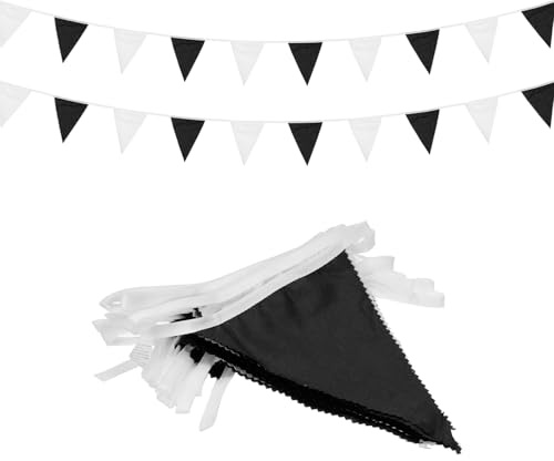 QUARKZMAN 32 Fuß Girlande Wimpel Wimpel Stoff Flaggen Hängende Banner Schwarz Weiß für Weihnachten Brautdusche Party Jubiläum Hochzeit Festivals Dekorationen 36 Stück | 32 Fuß, Schwarz Weiß, für Weihnachten Brautdusche Party Jubiläum Hochzeit Festivals Dekorationen