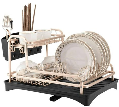 Warmiehomy Dish Drainer Rack, 2 Tier Space Aluminum Draining Board Rack with Drip Tray and Drainer Mat, Space Saving Dish Rack with Removable Utensil Holder, Anti-Rust, 42×30×25 cm, Rose Gold
