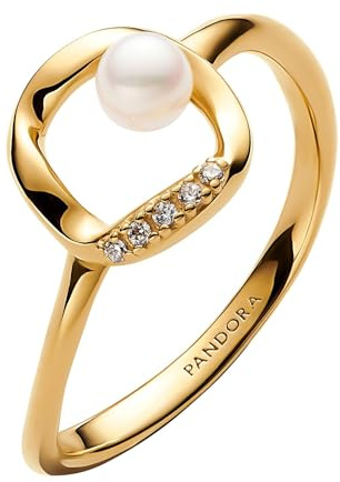 Pandora Organisch Geformter Pavé Kreis & Behandelte Süßwasserzuchtperle Ring aus 14 Karat Vegoldung, mit Cubic Zirkonia, aus der Essence Kollektion, Gr. 54, 163831C01-54