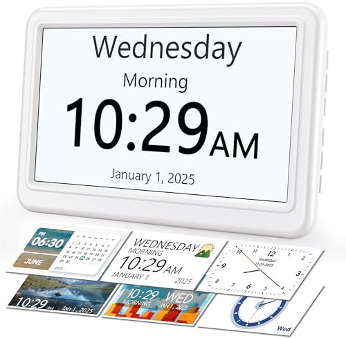 ROCAM Dementia Clocks for Seniors, 7 Digital Clock with 12 Themes 20 Custom Alarms & 18 Ringtones, Auto-Dimmer, Bedside Clock with Days Dates and Time of Day