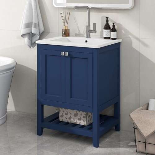 Arhatreya Meuble de salle de bain simple avec meuble bas 60 cm et lavabo en céramique bleu