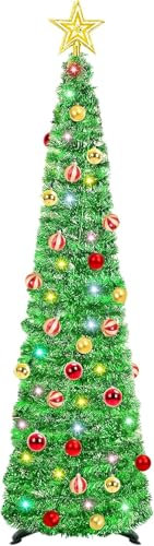 WINOK Albero di Natale artificiale con illuminazione, pieghevole, con 100 luci colorate, stella d'albero e palline per decorazioni natalizie e feste - verde