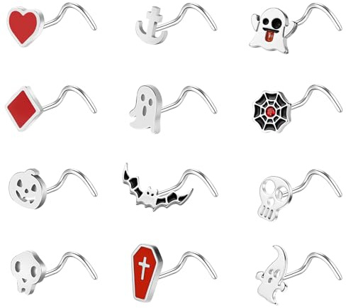 ZS 12 Stück 20G Edelstahl Halloween Nasenstecker - Bat Skull L-förmiger Korkenzieher Nasenring Silber Schwarz Hypoallergen Nasenpiercing Schmuck für Damen Herren